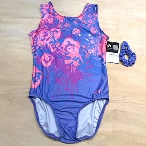 GK Elite Adult Large AL‎ Purple Pink Splatter Gymnastics Leotard + Scrunchie NWT